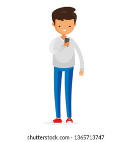 Young Man Texting Boy Character Cartoon in Casual Cloth Texting Mobile Cell Phone Isolated Set