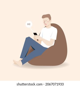 young man texting happy in a bean bag illustration