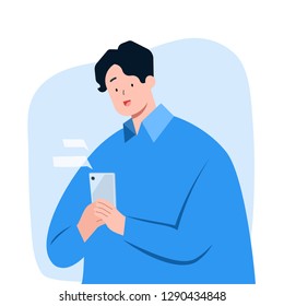 Young man texting message on smartphone, vector character illustration.