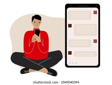 A young man is texting on the phone, sitting cross-legged. The phone screen is visible on a large scale. Vector illustration.