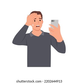 Joven mandando mensajes de texto usando un teléfono inteligente, estresado con la mano en la cabeza, sorprendido, con la cara enfadada y frustrada. Miedo y disgusto por error. Ilustración vectorial plana aislada en fondo blanco