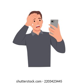 Young man texting using smart phone, stressed with hand on head, shocked, surprise face, angry and frustrated. Fear and upset for mistake. Flat vector illustration isolated on white background