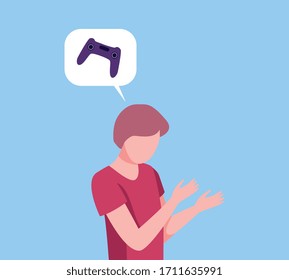 Young Man Thinking about Computer Games, Person Communicating with Speech Bubble, Gambling Addiction Flat Vector Illustration