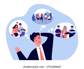 Young man thinking about family and friends. Hiking, party, mountain flat vector illustration. Friendship, lifestyle and entertainment concept for banner, website design or landing web page