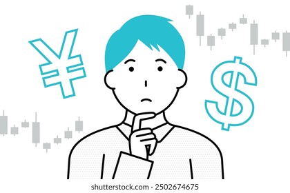 Joven pensando en el tipo de cambio yen-dólar japonés