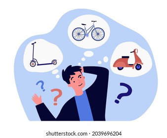 Young man thinking about means of transport. Flat vector illustration. Cartoon guy choosing between scooter, bicycle and motorcycle. Vehicle, ride, adventure concept for banner design or landing page