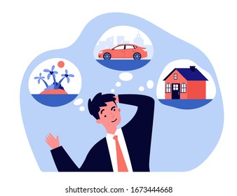 Young man thinking about new house, car and trip flat vector illustration. Businessman dreaming for material benefits. Wealth, business and abundance concept.