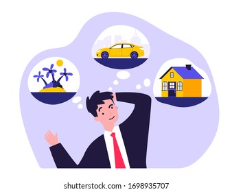 Young man thinking about new house, car and trip flat vector illustration. Businessman dreaming for material benefits. Wealth, business and abundance concept.