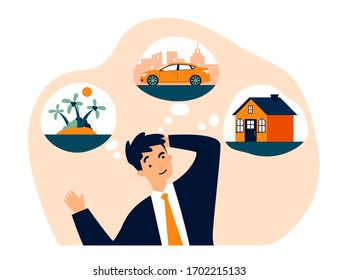 Young man thinking about new house, car and trip flat vector illustration. Businessman dreaming for material benefits. Wealth, business and abundance concept.