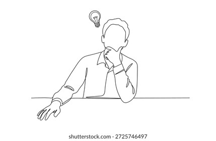 Young man thinking about a new idea with a light bulb above his head problem solving concept