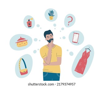 Joven pensando en el regalo para su señora. Qué regalo elegir concepto. Ilustración del vector