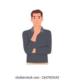 Young man is thinking about something and put his hand on chin concept character . Flat vector illustration isolated on white background