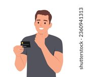 Young man thinking about using black credit card. He is holding credit card on his hand while thinking. Flat vector illustration isolated on white background