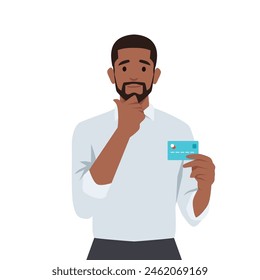 Young man thinking about using credit card. Flat vector illustration isolated on white background