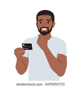 Young man thinking about using black credit card. He is holding credit card on his hand while thinking. Flat vector illustration isolated on white background