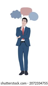 Hombre joven pensando y burbuja del pensamiento en blanco. Ilustración vectorial al estilo de las caricaturas.
