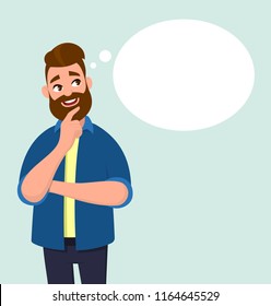 Young man thinking and blank thought/speech bubble. Vector illustration in cartoon style.