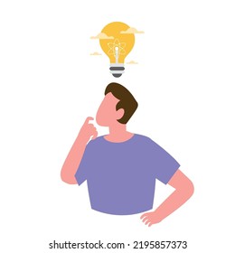 young man thinking with bright idea vector illustration. man with creative thought or idea, Lamp bulb as sign for insight. Inspiration concept. vector illustrations