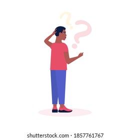 Hombre joven pensando. Personaje con signos de interrogación sobre su cabeza. Ilustración vectorial en un estilo plano