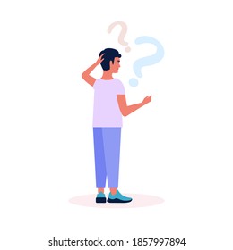 Young man thinking. Character with question marks above his head. Vector illustration in a flat style