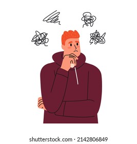 Young man thinking with deep thoughts. Depression negative thoughts frustration concept. Flat vector illustration isolated on white background
