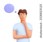 Young man thinking and dreaming. Mind behavior, mental mindset, imaginative thinking concept. 3d vector people character. Cartoon minimal style.
