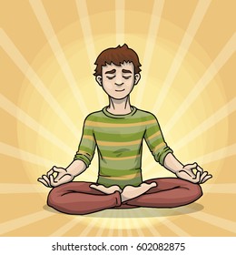 young man thinking during meditation, cartoon vector illustration, lotus pose with eyes closed