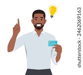 Young man thinking and got an idea for using a credit card. Flat vector illustration isolated on white background