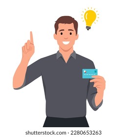 Young man thinking and got an idea for using a credit card. Pointing his finger up with light bulb of idea appears. Flat vector illustration isolated on white background