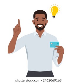 Young man thinking and got an idea for using a credit card. Flat vector illustration isolated on white background