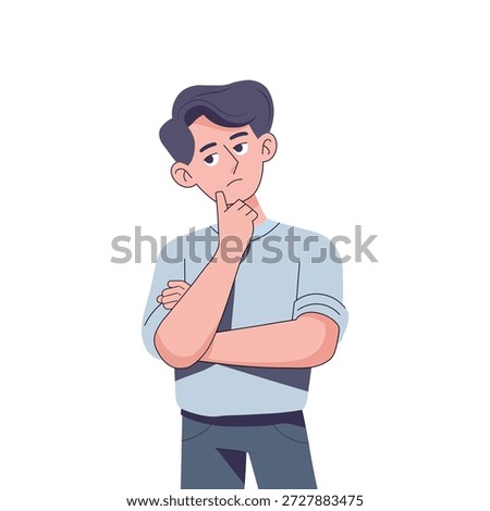 Young Man Thinking with Hand on Chin and Crossed Arms Flat Vector Illustration. Concept of Problem Solving and Deep Contemplation
