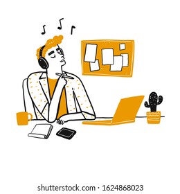 Young man thinking and listen his favourite song with headphone at him office. Hand drawn doodle style vector design illustrations.