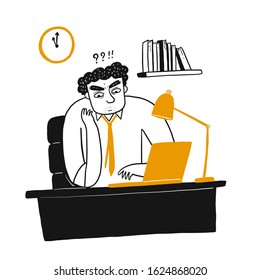 Young man thinking and looking a laptop at him office. Hand drawn doodle style vector design illustrations.