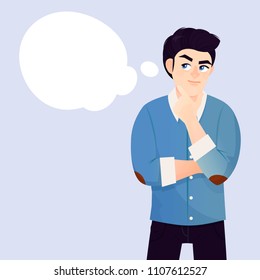Hombre joven pensando. Pensando en una creencia o idea particular, vacía burbuja de nube para texto o imagen. Dibujo de dibujos animados de estilo plano vectorial
