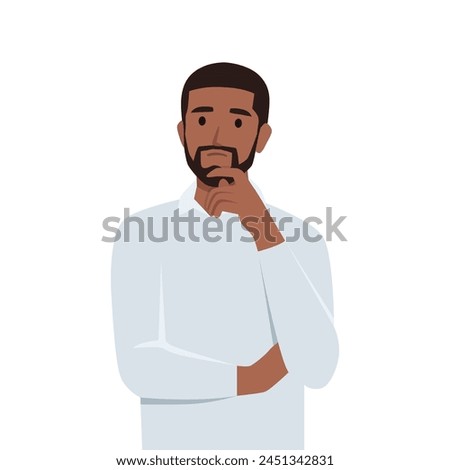 Young man thinking putting his hand under their chin and thinking. Flat vector illustration isolated on white background