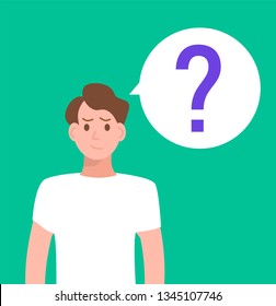 Young man thinking with question mark in think bubble. Student thinks about problem vector illustration. Businessman and question bubble, confused face expression 
