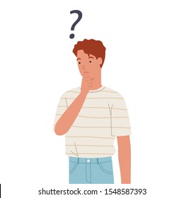 Young man thinking with question mark. Vector illustration in a flat