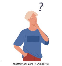 Young man thinking with question mark. Vector illustration in a flat