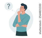 Young man thinking with question marks and hand on chin. Concept of problem-solving, decision-making, puzzled expression, confusion, choices, brainstorming. Flat character vector illustration. 