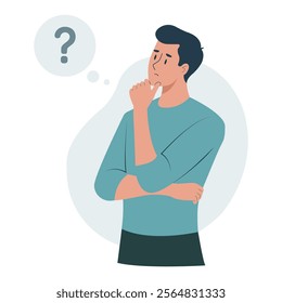 Young man thinking with question marks and hand on chin. Concept of problem-solving, decision-making, puzzled expression, confusion, choices, brainstorming. Flat character vector illustration. 