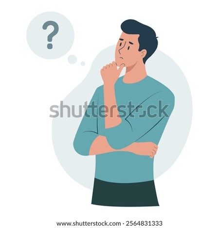 Young man thinking with question marks and hand on chin. Concept of problem-solving, decision-making, puzzled expression, confusion, choices, brainstorming. Flat character vector illustration. 