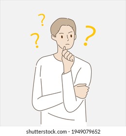 Young man thinking or solving problem. Concept of innovative ideas, creative thought, creativity and imagination. Hand draw style. Vector illustration.