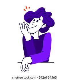 Young man thinking and solving some problem, vector illustration of a guy having doubts and ideas, analyzing or dreaming.