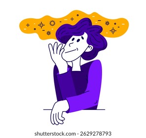 Joven pensando y solucionando algún problema, Ilustración vectorial de un chico teniendo dudas e ideas, analizando o soñando.