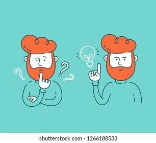 Young man thinking standing under question marks and having good creative idea set.Vector flat line cartoon illustration character icon.Thinking businessman,question marks,have big idea concept