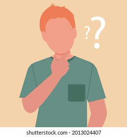 Joven pensando sospechosamente. Chico confundido con signos de interrogación. Solución de problemas, discusión e información. Ilustración plana vectorial.