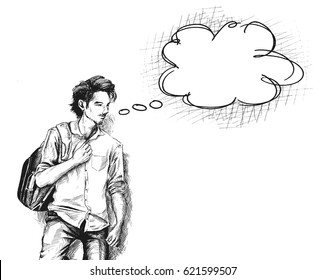 Young Man thinking of a thought. Bubble on white Background, Hand Drawn Sketch Vector illustration.