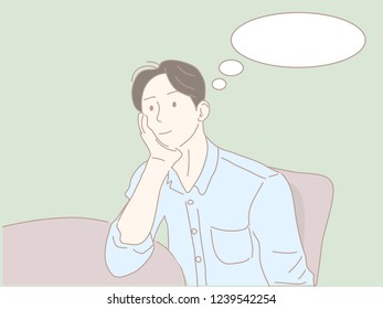 a young man thinking while sit on the chair with blank bubble