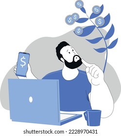 Young man thinks about profit. Earn money remotely from home. Growing income vector drawing