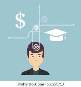 Young man thinks to go to study or work. Vector illustration of a flat style.